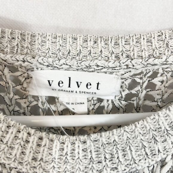 Velvet Graham & Spencer White & Black Open Knit Fringe Pullover Sweater SMALL - Picture 4 of 7